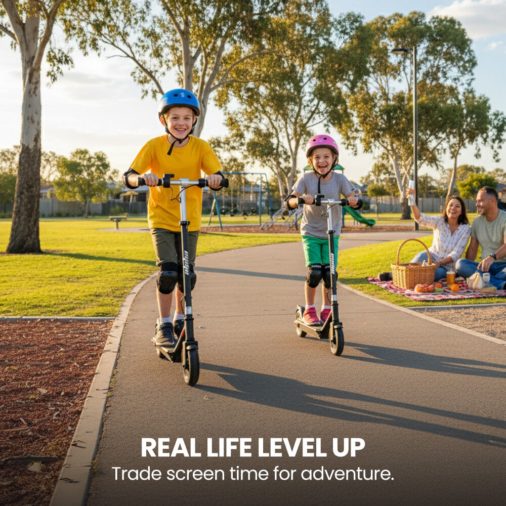Bikes & Scooters: ALPHA Edge Electric Scooter Kids/Teens, 16km/h Max, Adjustable Height, UL Certified, AU Compliant, Dual Brakes, Bluetooth Music, LED, Black