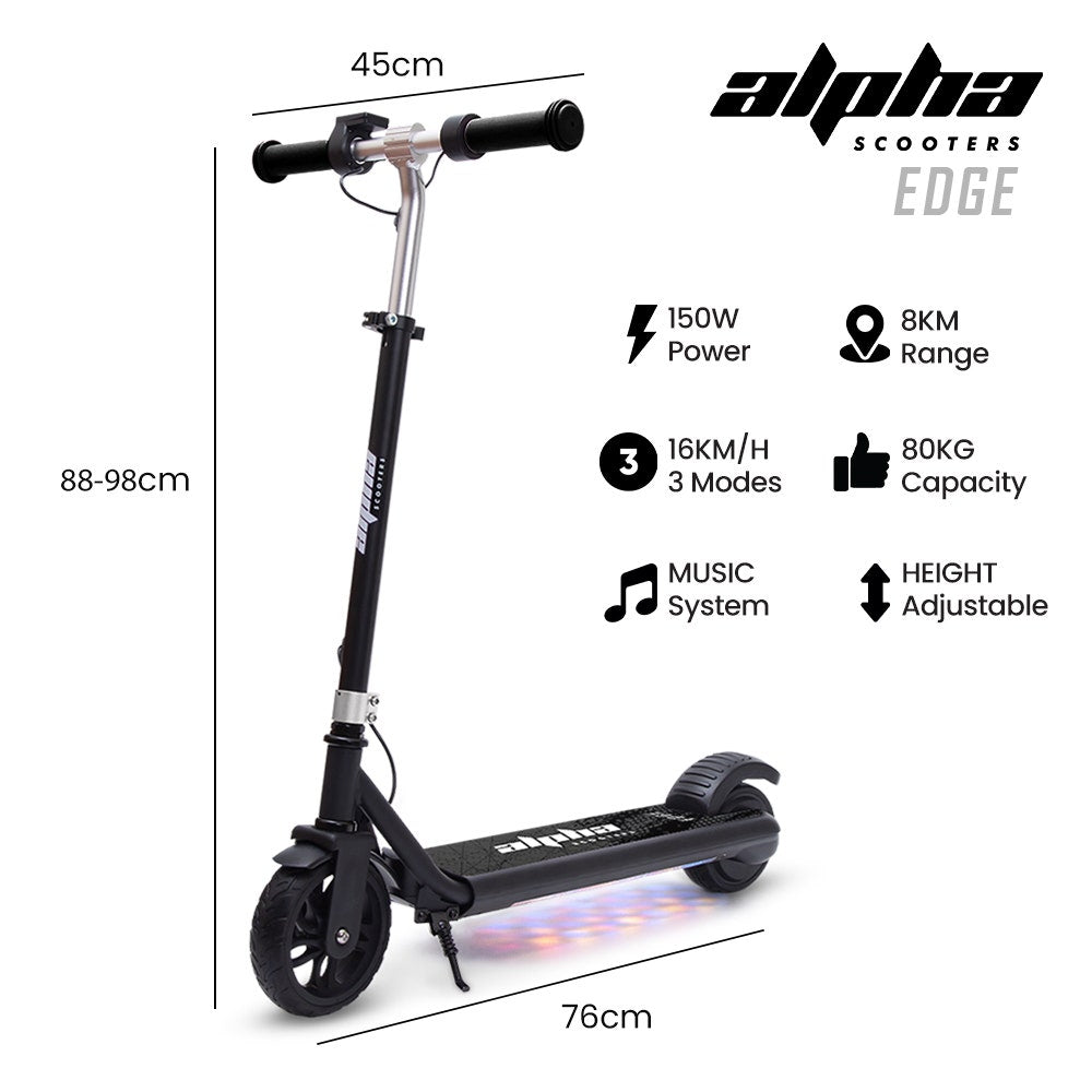Bikes & Scooters: ALPHA Edge Electric Scooter Kids/Teens, 16km/h Max, Adjustable Height, UL Certified, AU Compliant, Dual Brakes, Bluetooth Music, LED, Black