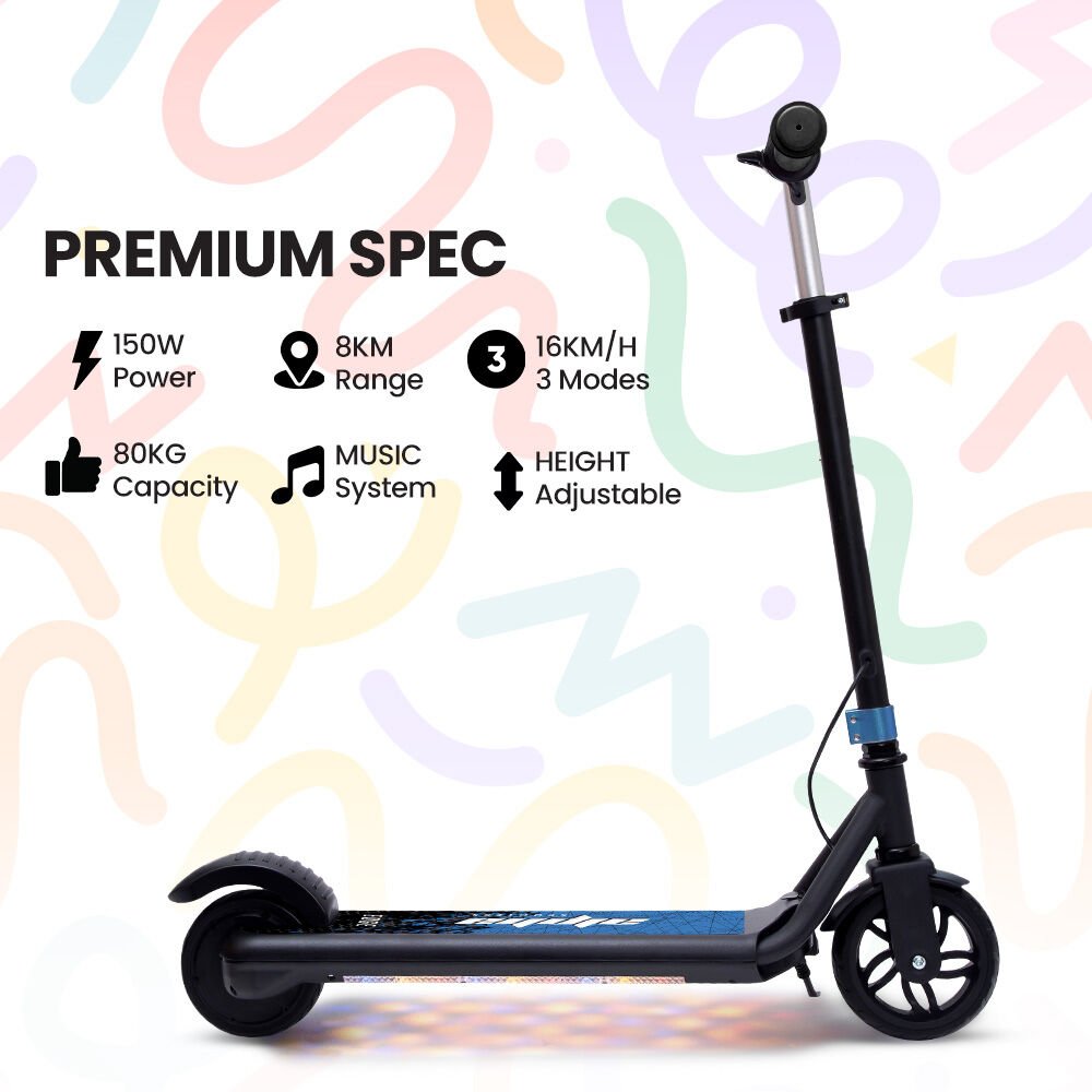 Bikes & Scooters: ALPHA Edge Electric Scooter Kids/Teens, 16km/h Max, Adjustable Height, UL Certified, AU Compliant, Dual Brakes, Bluetooth Music, LED, Blue