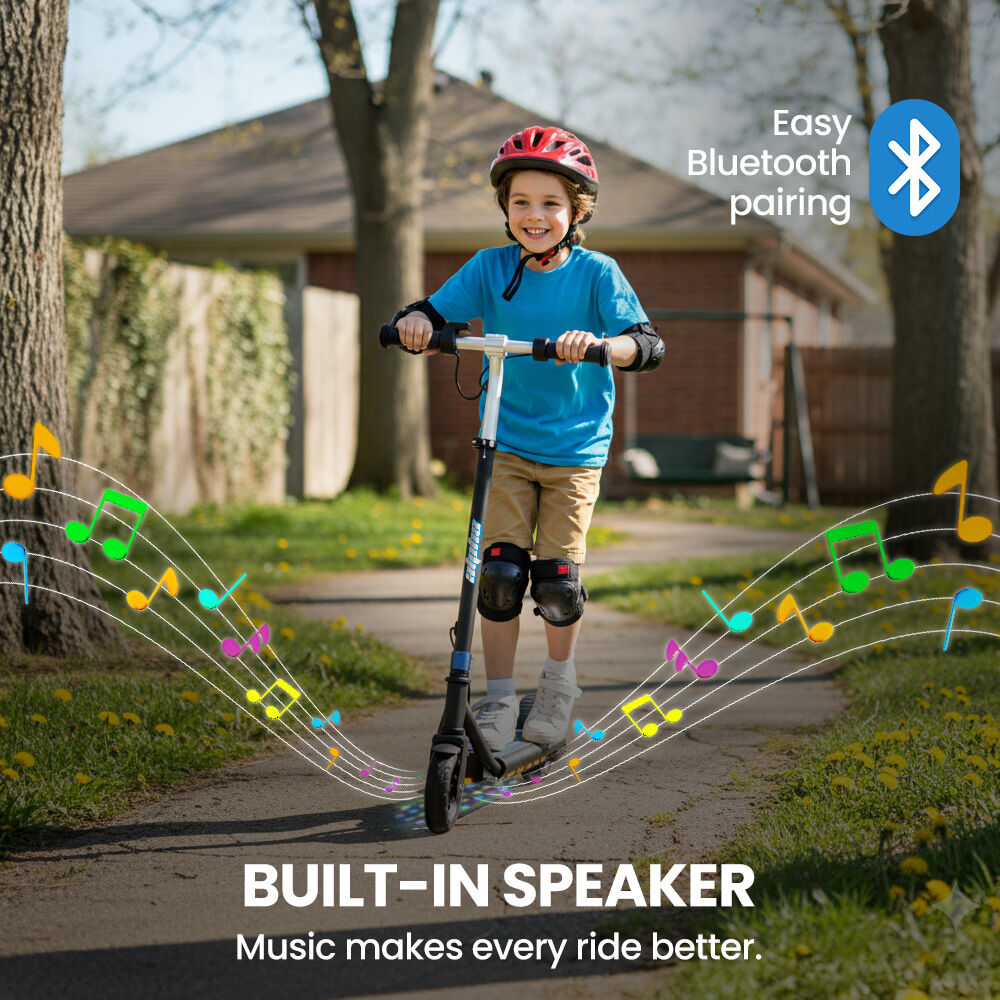 Bikes & Scooters: ALPHA Edge Electric Scooter Kids/Teens, 16km/h Max, Adjustable Height, UL Certified, AU Compliant, Dual Brakes, Bluetooth Music, LED, Blue