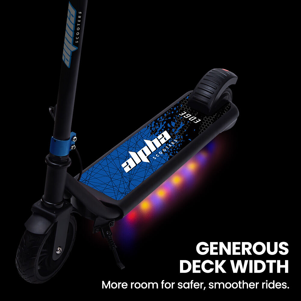 Bikes & Scooters: ALPHA Edge Electric Scooter Kids/Teens, 16km/h Max, Adjustable Height, UL Certified, AU Compliant, Dual Brakes, Bluetooth Music, LED, Blue