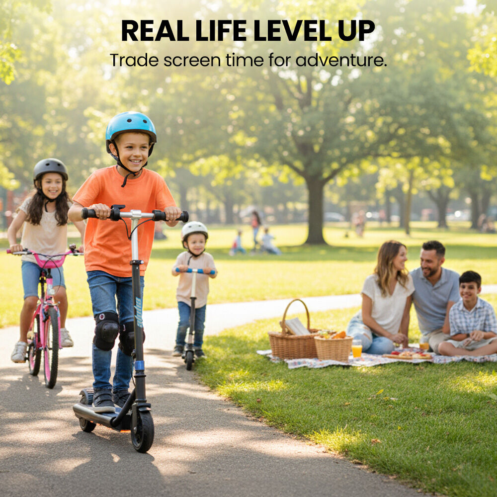 Bikes & Scooters: ALPHA Edge Electric Scooter Kids/Teens, 16km/h Max, Adjustable Height, UL Certified, AU Compliant, Dual Brakes, Bluetooth Music, LED, Blue