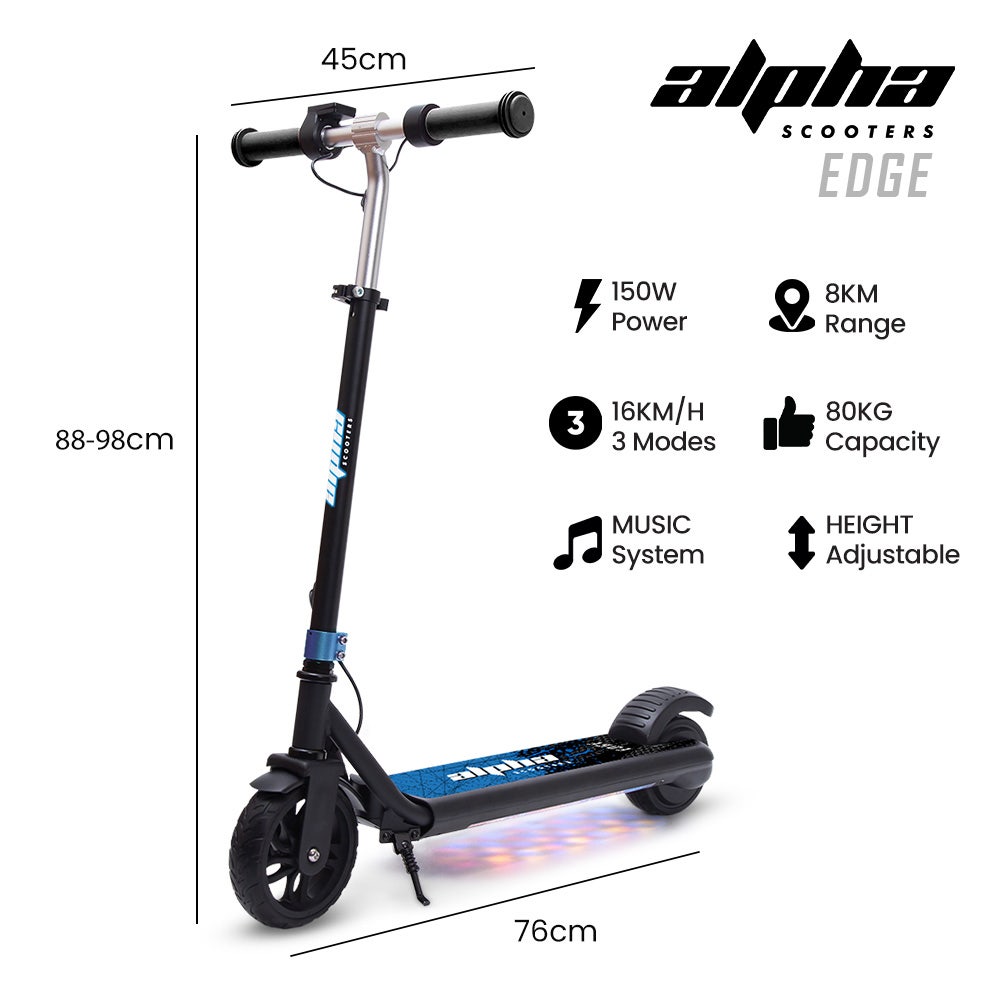 Bikes & Scooters: ALPHA Edge Electric Scooter Kids/Teens, 16km/h Max, Adjustable Height, UL Certified, AU Compliant, Dual Brakes, Bluetooth Music, LED, Blue