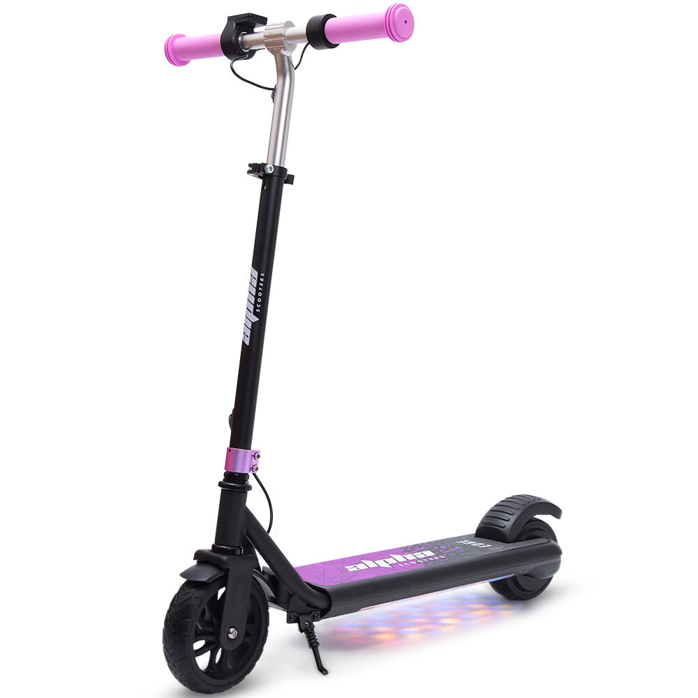 Bikes & Scooters: ALPHA Edge Electric Scooter Kids/Teens, 16km/h Max, Adjustable Height, UL Certified, AU Compliant, Dual Brakes, Bluetooth Music, LED, Pink