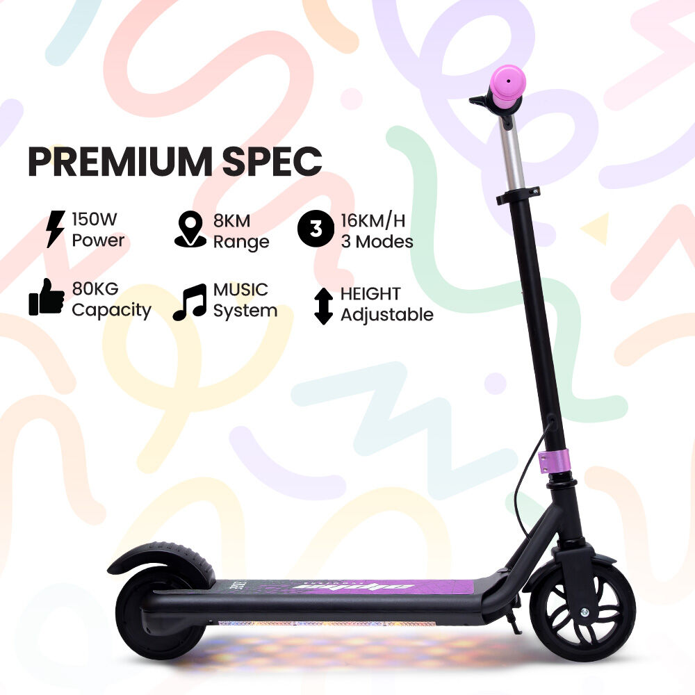 Bikes & Scooters: ALPHA Edge Electric Scooter Kids/Teens, 16km/h Max, Adjustable Height, UL Certified, AU Compliant, Dual Brakes, Bluetooth Music, LED, Pink