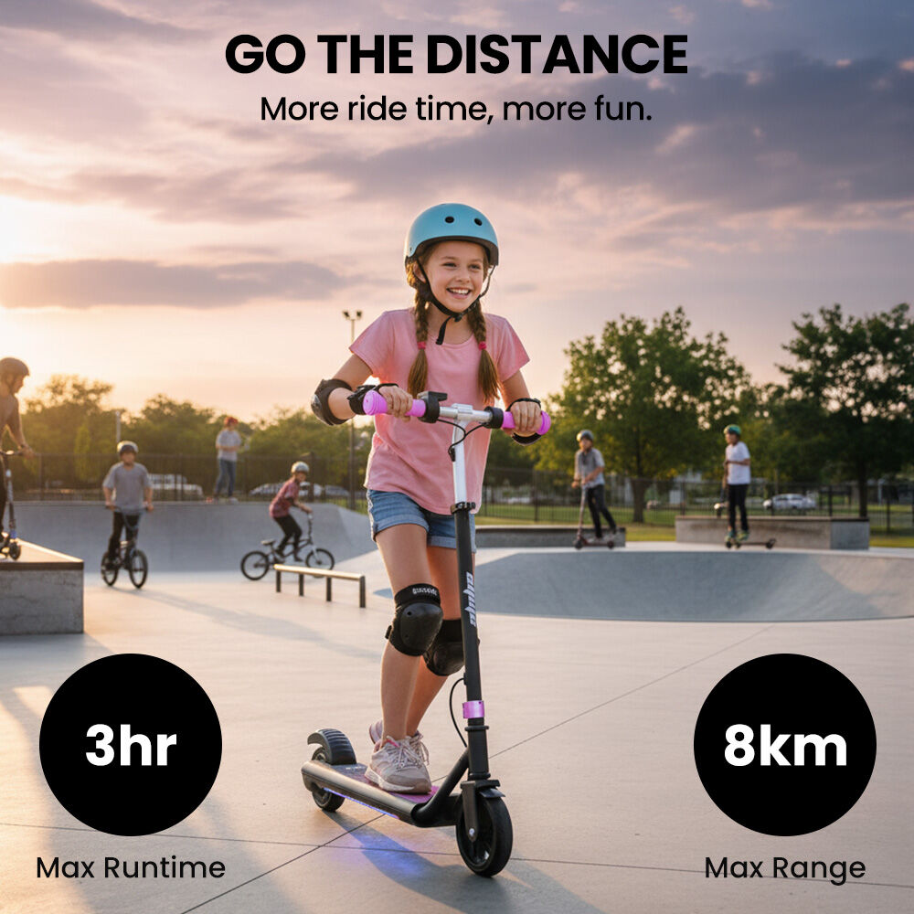 Bikes & Scooters: ALPHA Edge Electric Scooter Kids/Teens, 16km/h Max, Adjustable Height, UL Certified, AU Compliant, Dual Brakes, Bluetooth Music, LED, Pink