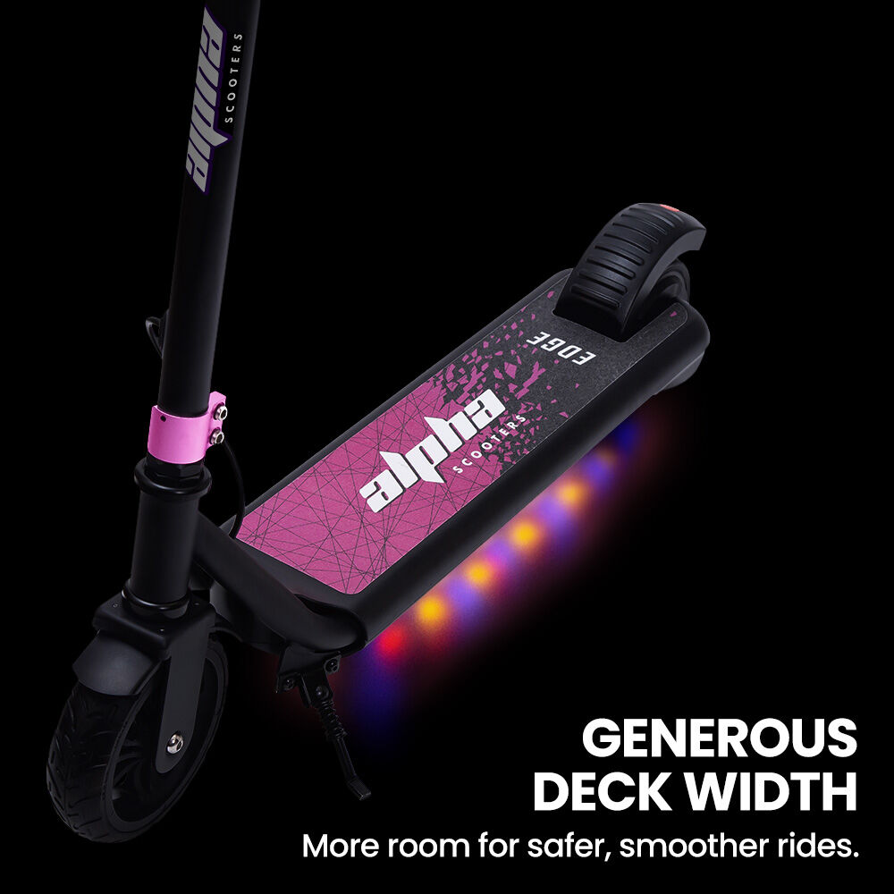Bikes & Scooters: ALPHA Edge Electric Scooter Kids/Teens, 16km/h Max, Adjustable Height, UL Certified, AU Compliant, Dual Brakes, Bluetooth Music, LED, Pink