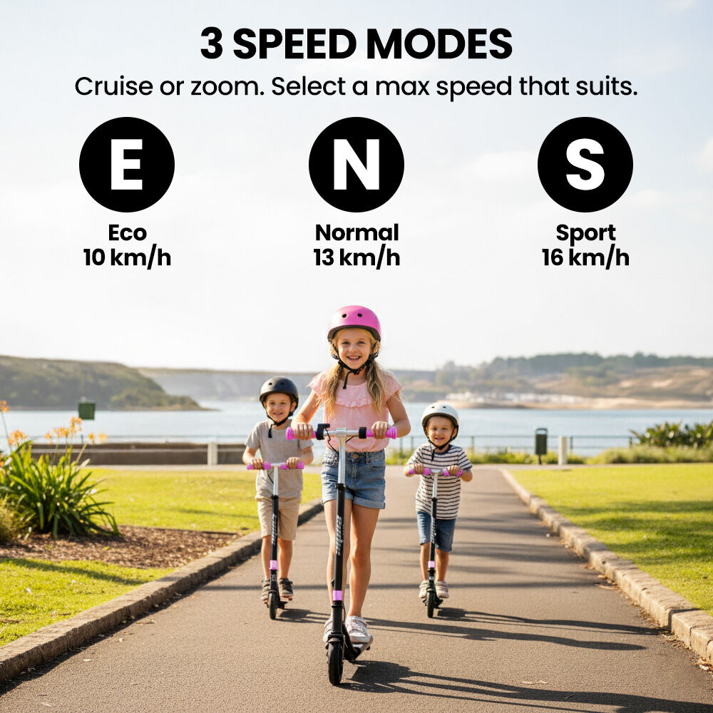 Bikes & Scooters: ALPHA Edge Electric Scooter Kids/Teens, 16km/h Max, Adjustable Height, UL Certified, AU Compliant, Dual Brakes, Bluetooth Music, LED, Pink