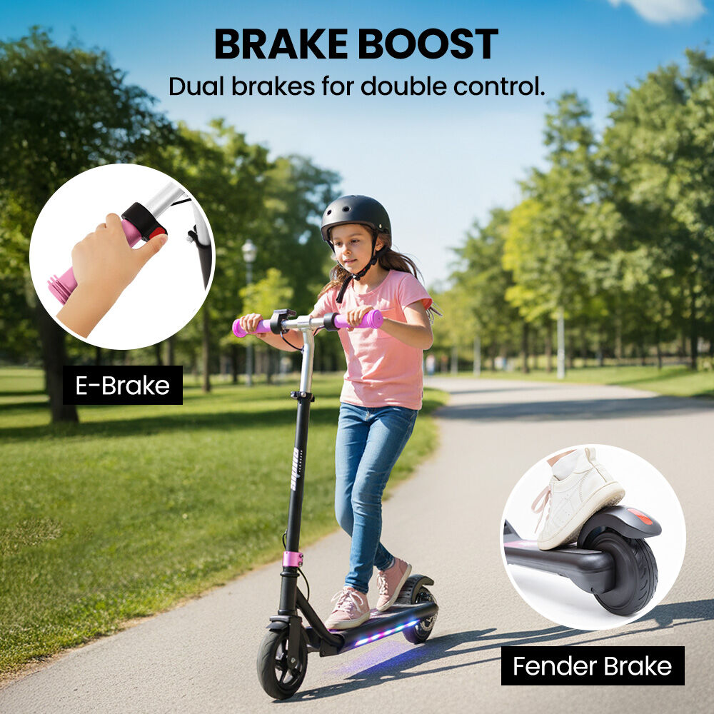 Bikes & Scooters: ALPHA Edge Electric Scooter Kids/Teens, 16km/h Max, Adjustable Height, UL Certified, AU Compliant, Dual Brakes, Bluetooth Music, LED, Pink