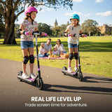 Bikes & Scooters: ALPHA Edge Electric Scooter Kids/Teens, 16km/h Max, Adjustable Height, UL Certified, AU Compliant, Dual Brakes, Bluetooth Music, LED, Pink