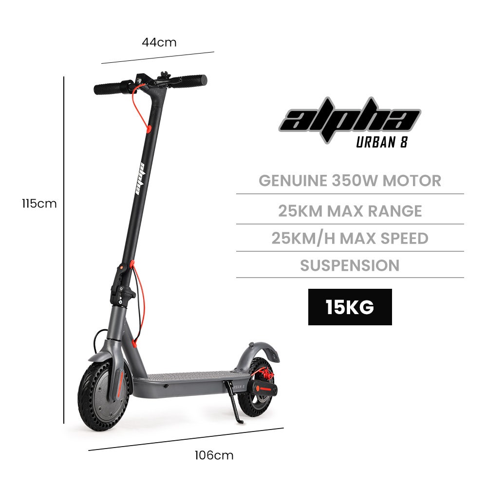 Electric Scooters: ALPHA Urban 8 Electric Scooter, Suspension, 25km Range, 8.5-Inch Wheels, Brushless Motor, Motorised Commuter eScooter for Adults, Grey