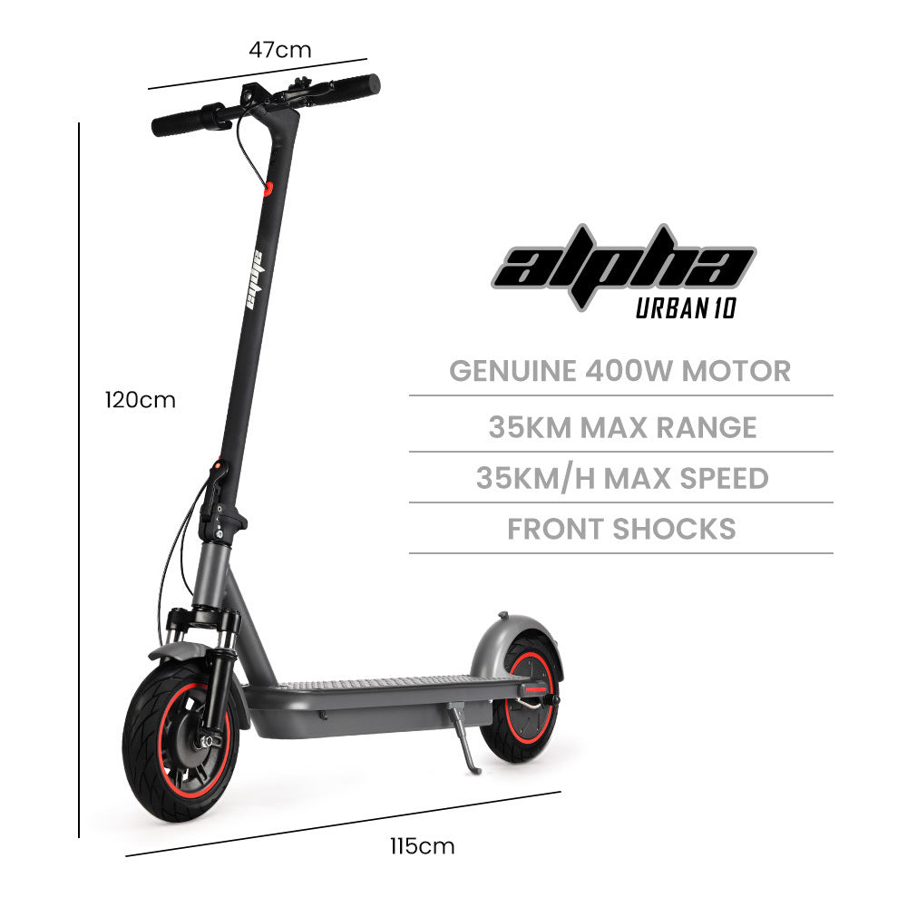 ALPHA Urban 10 Electric Scooter, AU Compliant, 35km/h, Suspension, 35km Range, 10-Inch Wheels, Brushless Motor, Free APP, Motorised Commuter eScooter for Adults, Grey