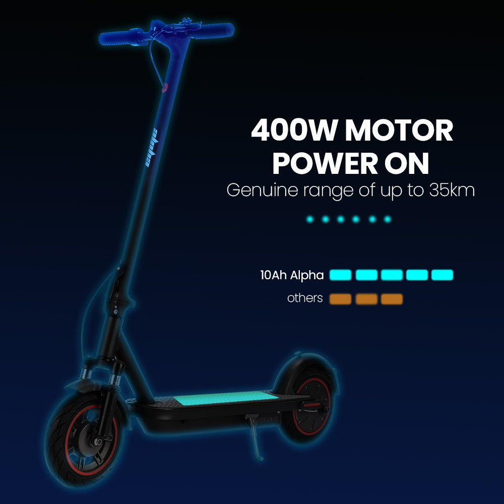 Electric Scooters: ALPHA Urban 10 Electric Scooter, 35km/h, Suspension, 35km Range, 10-Inch Wheels, Brushless Motor, Free APP, Motorised Commuter eScooter for Adults, Black