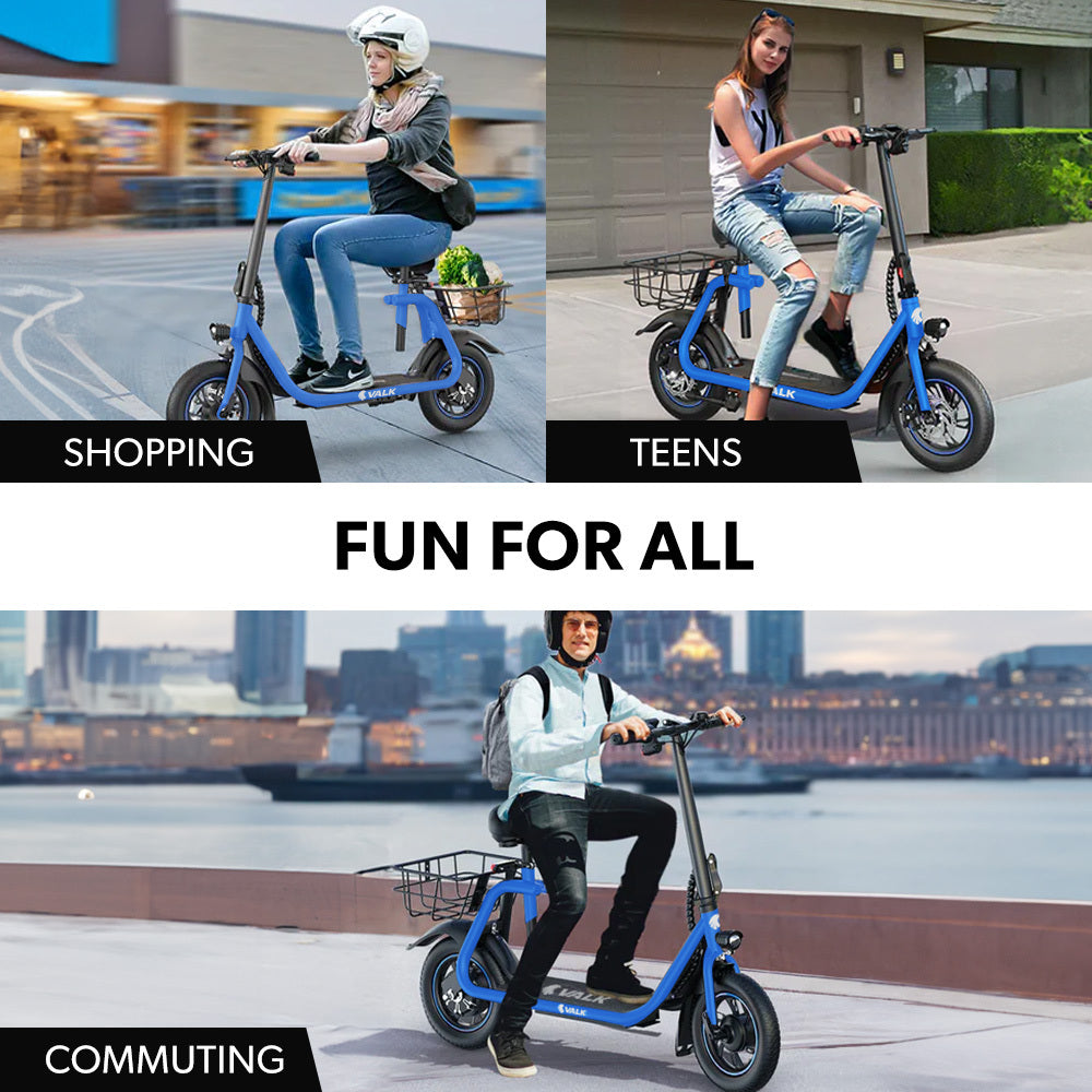 Electric Scooters: VALK Electric Scooter with Seat, Disc brakes, 12" Tyres, AU Compliant, for Adults, Teens, Commuter, Blue