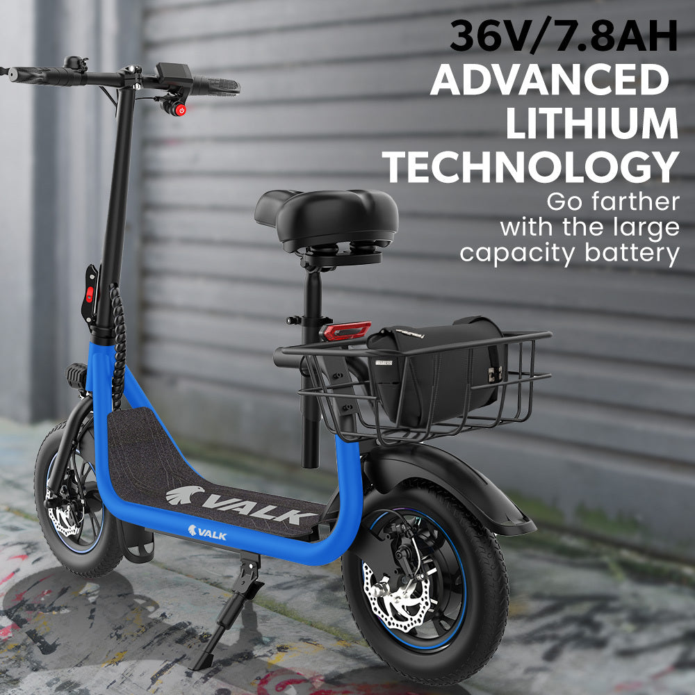 Electric Scooters: VALK Electric Scooter with Seat, Disc brakes, 12" Tyres, AU Compliant, for Adults, Teens, Commuter, Blue