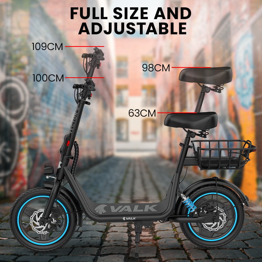 Electric Scooters: VALK Electric Scooter with Seat, 30km Range, AU Compliant, Disc brakes, 14" Tyres, for Adults, Teens, Commuter