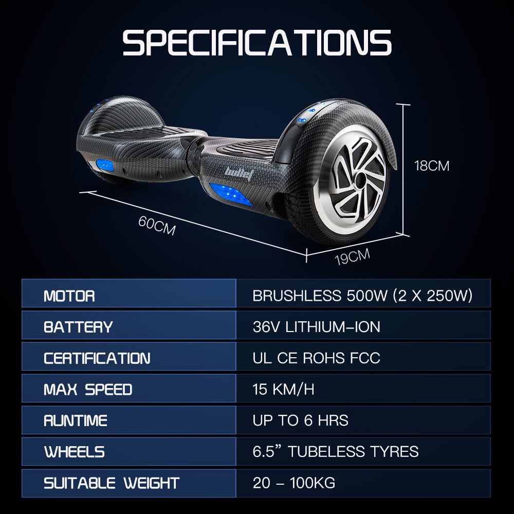 Hoverboards: BULLET Gen III Hoverboard Scooter, Dual Copper Motors, UL Certified, AU Compliant, 6.5" Wheels, Superior Self Balancing System, LED Lights, Carbon Fiber style