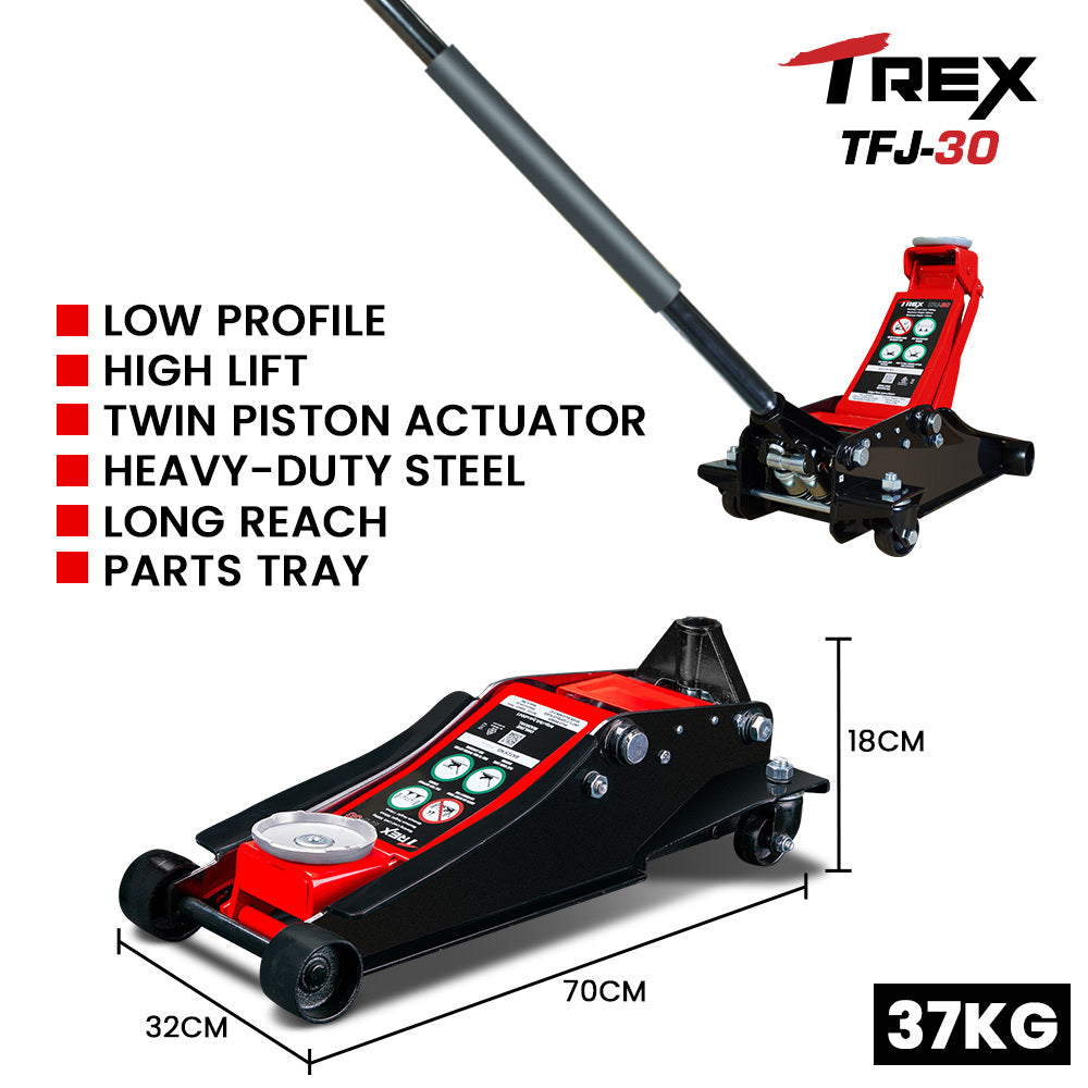 Automotive Repair & Speciality Tools: T-REX 3000KG Hydraulic Trolley Floor Jack, High Lift, Dual Pump, Quick Release Handle