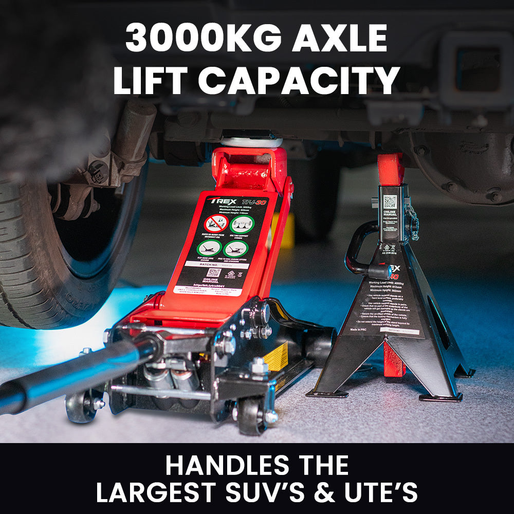 Automotive Repair & Speciality Tools: T-REX 3000KG Hydraulic Trolley Floor Jack, High Lift, Dual Pump, Quick Release Handle
