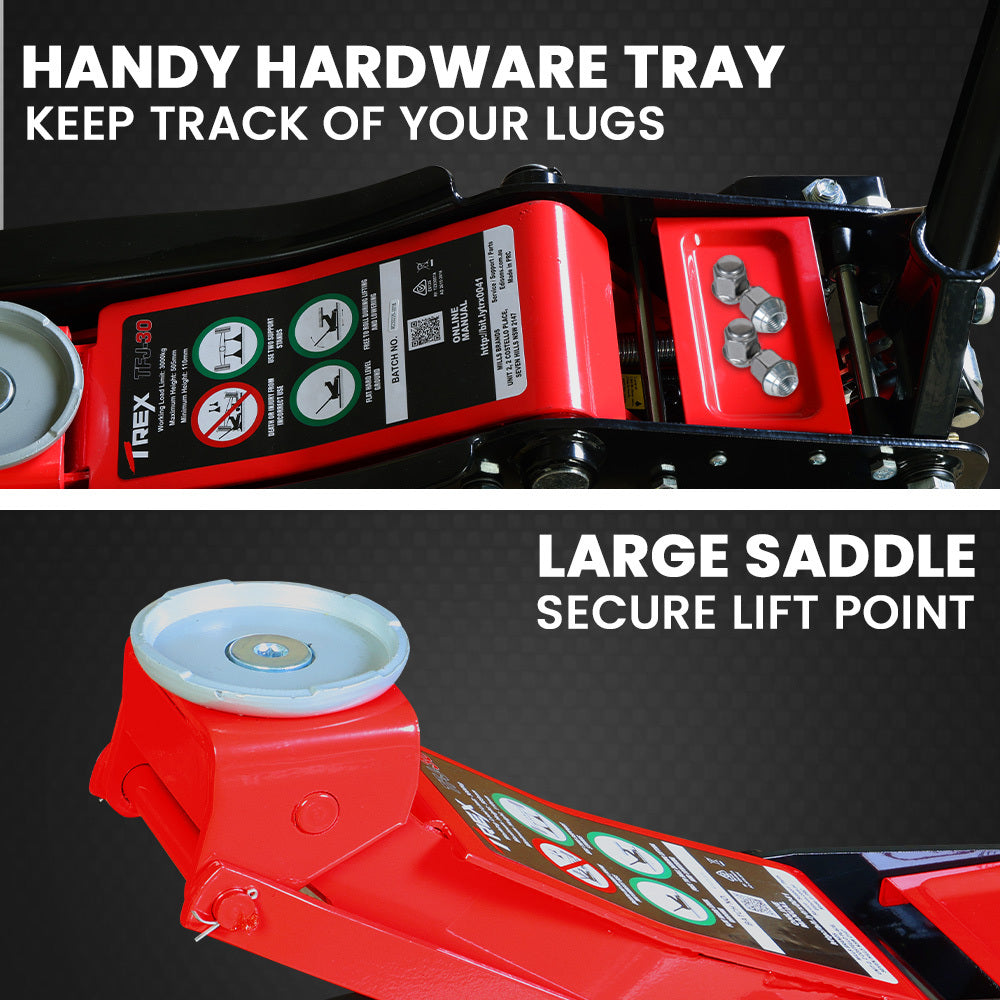 Automotive Repair & Speciality Tools: T-REX 3000KG Hydraulic Trolley Floor Jack, High Lift, Dual Pump, Quick Release Handle