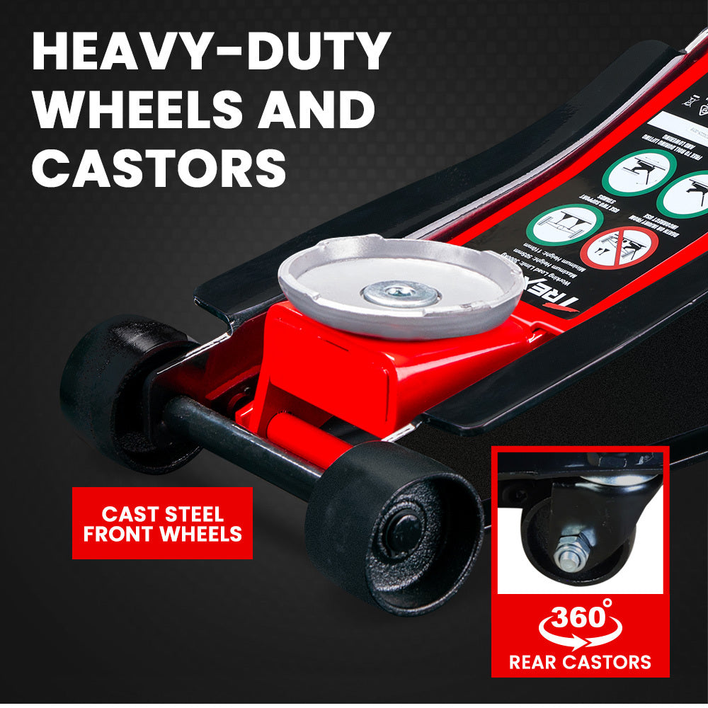 Automotive Repair & Speciality Tools: T-REX 3000KG Hydraulic Trolley Floor Jack, High Lift, Dual Pump, Quick Release Handle