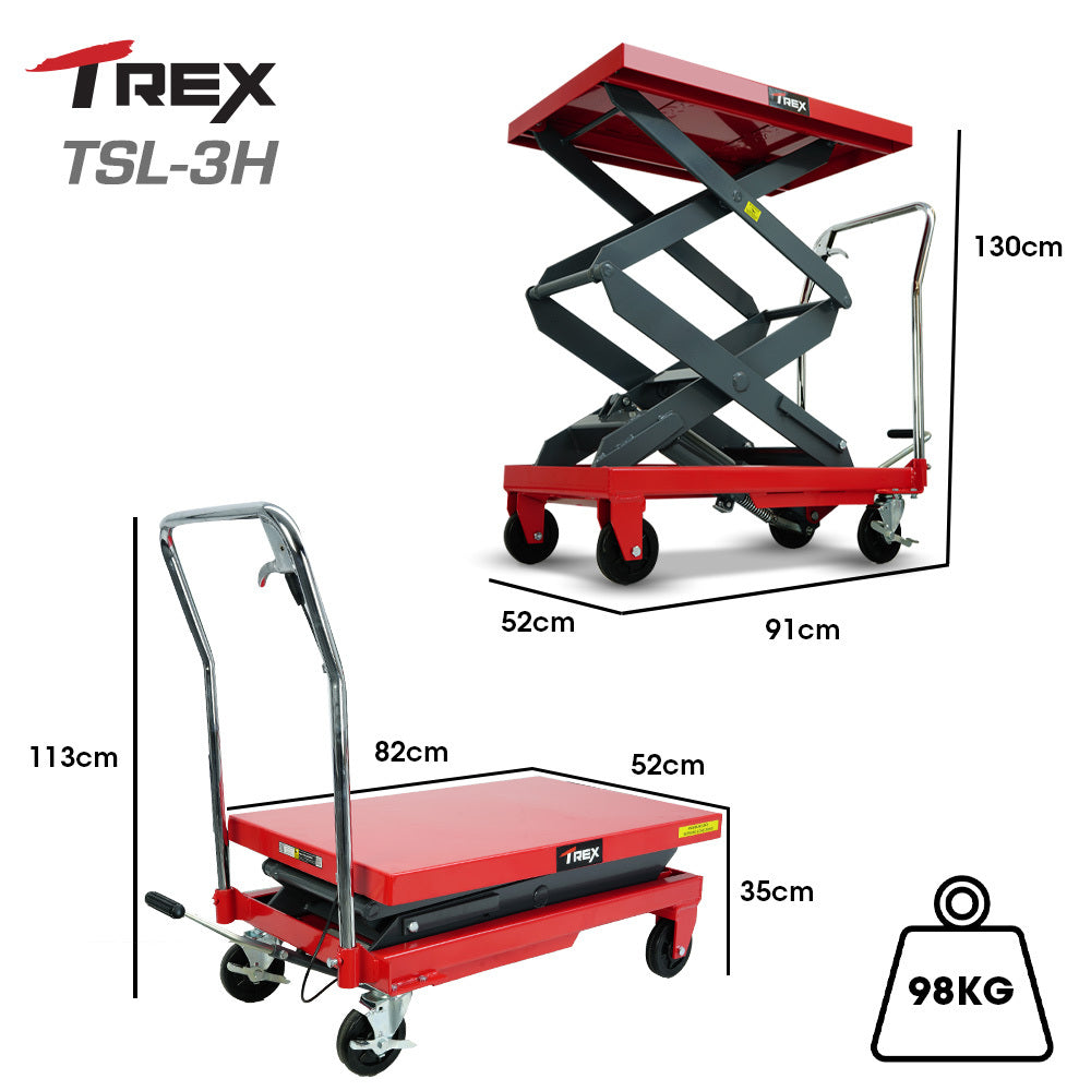 Automotive Lifts & Hoists: T-REX 300KG Hydraulic High Lift Double Scissor Trolley, 1.3M Max Platform Hgt, Heavy-Duty, for Material Handling