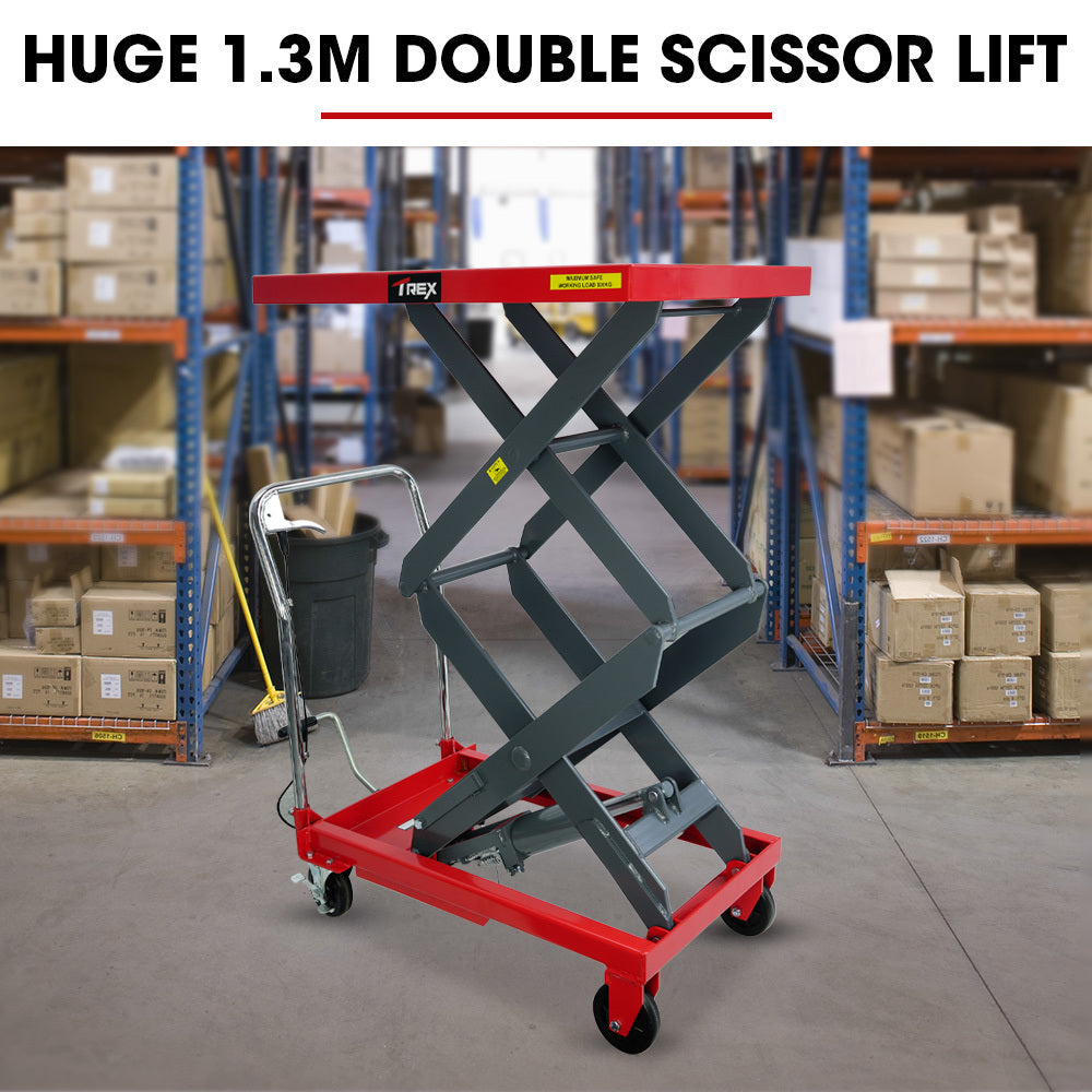 Automotive Lifts & Hoists: T-REX 300KG Hydraulic High Lift Double Scissor Trolley, 1.3M Max Platform Hgt, Heavy-Duty, for Material Handling