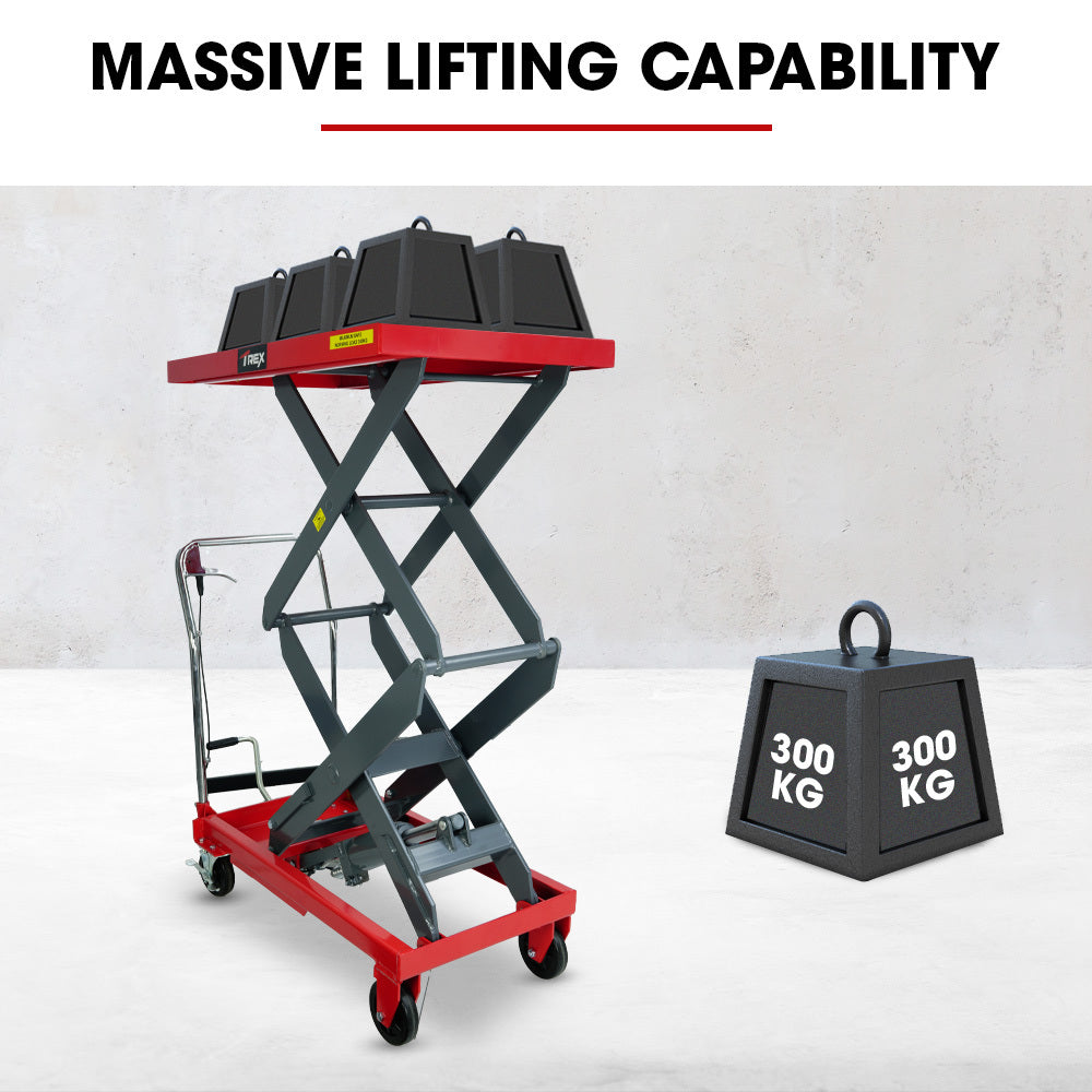 Automotive Lifts & Hoists: T-REX 300KG Hydraulic High Lift Double Scissor Trolley, 1.3M Max Platform Hgt, Heavy-Duty, for Material Handling