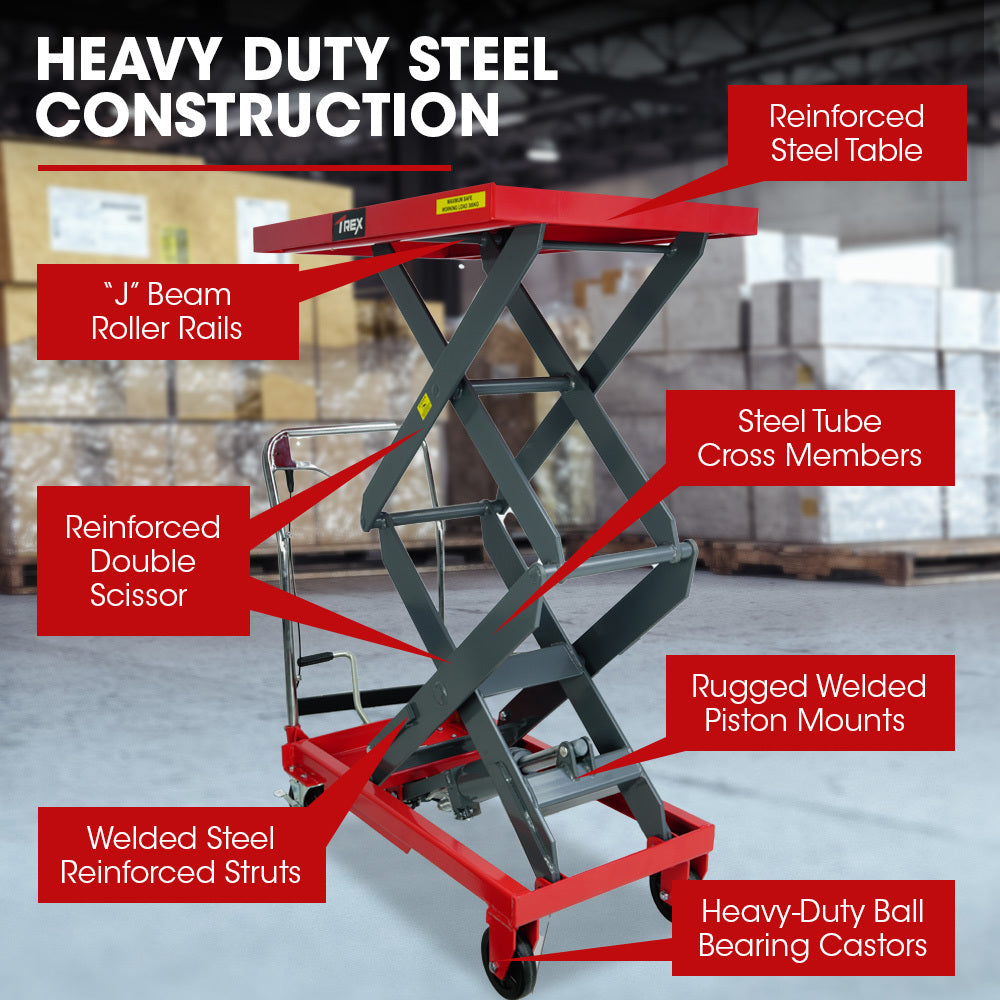 Automotive Lifts & Hoists: T-REX 300KG Hydraulic High Lift Double Scissor Trolley, 1.3M Max Platform Hgt, Heavy-Duty, for Material Handling