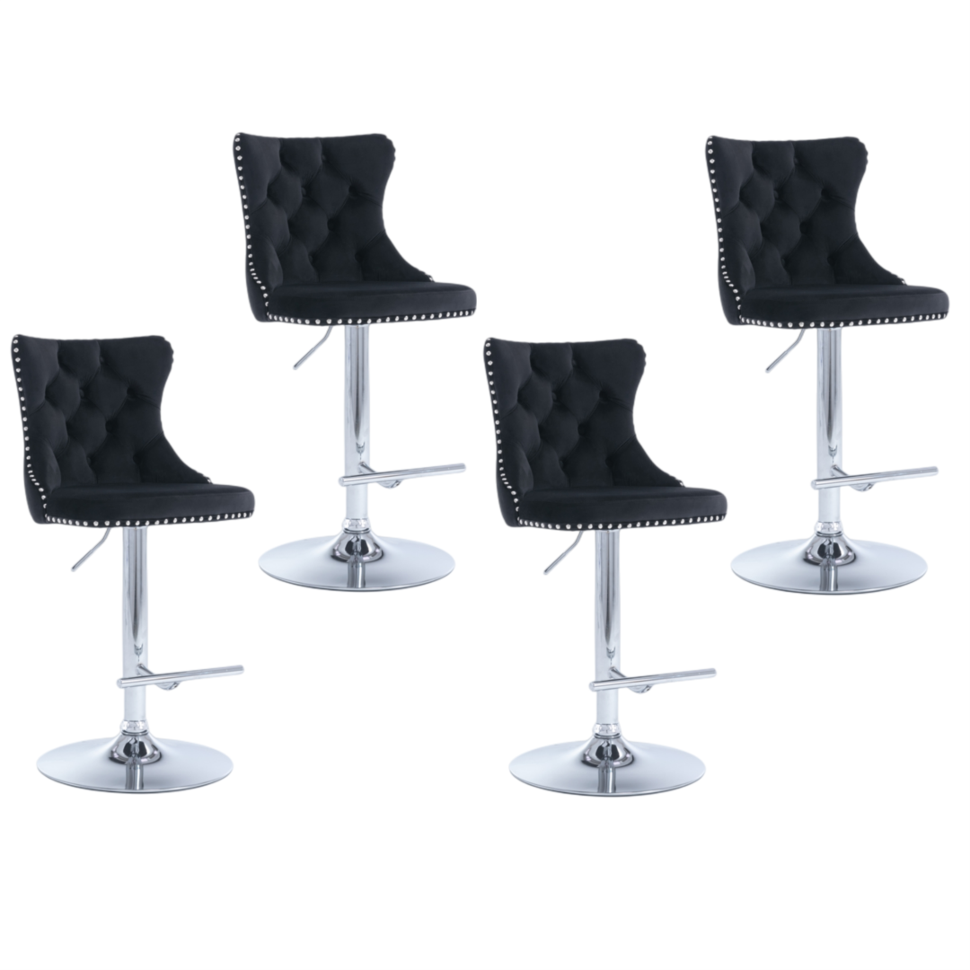 Table & Bar Stools: 4x Height Adjustable Swivel Bar Stool Velvet Studs Barstool with Footrest and Chromed Base- Black