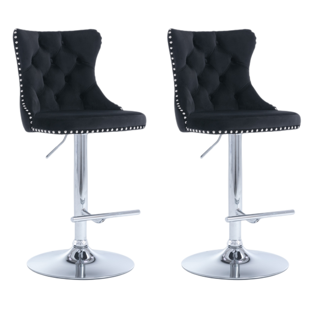 Table & Bar Stools: 4x Height Adjustable Swivel Bar Stool Velvet Studs Barstool with Footrest and Chromed Base- Black