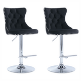 Table & Bar Stools: 4x Height Adjustable Swivel Bar Stool Velvet Studs Barstool with Footrest and Chromed Base- Black