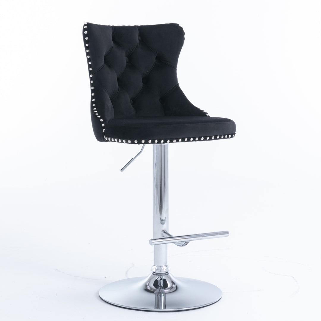 Table & Bar Stools: 4x Height Adjustable Swivel Bar Stool Velvet Studs Barstool with Footrest and Chromed Base- Black