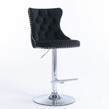 Table & Bar Stools: 4x Height Adjustable Swivel Bar Stool Velvet Studs Barstool with Footrest and Chromed Base- Black