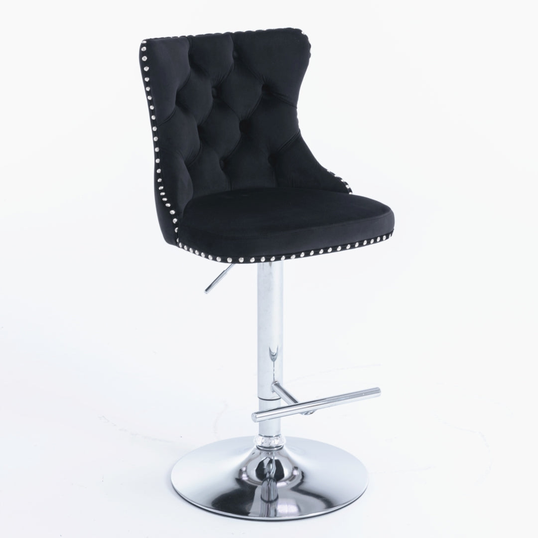 Table & Bar Stools: 4x Height Adjustable Swivel Bar Stool Velvet Studs Barstool with Footrest and Chromed Base- Black