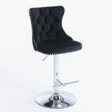 Table & Bar Stools: 4x Height Adjustable Swivel Bar Stool Velvet Studs Barstool with Footrest and Chromed Base- Black