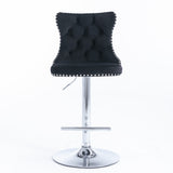 Table & Bar Stools: 4x Height Adjustable Swivel Bar Stool Velvet Studs Barstool with Footrest and Chromed Base- Black