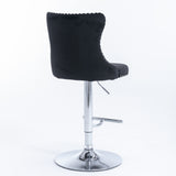 Table & Bar Stools: 4x Height Adjustable Swivel Bar Stool Velvet Studs Barstool with Footrest and Chromed Base- Black