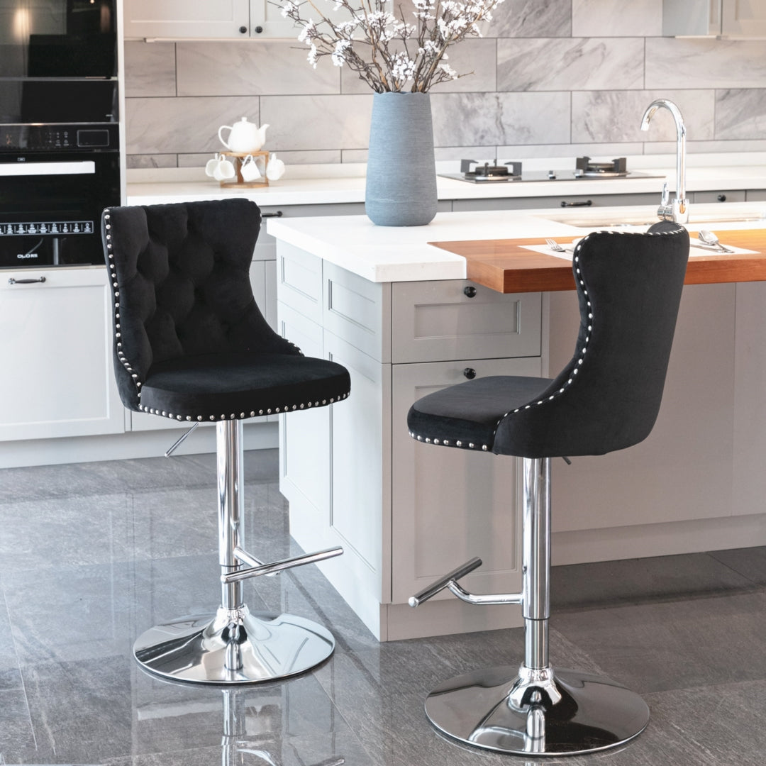 Table & Bar Stools: 4x Height Adjustable Swivel Bar Stool Velvet Studs Barstool with Footrest and Chromed Base- Black