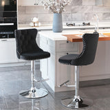 Table & Bar Stools: 4x Height Adjustable Swivel Bar Stool Velvet Studs Barstool with Footrest and Chromed Base- Black