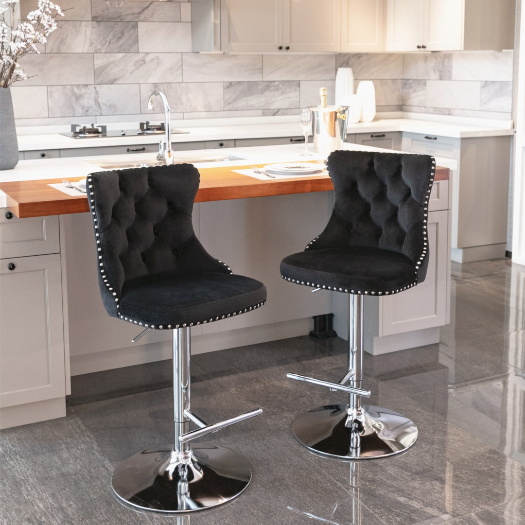 Table & Bar Stools: 4x Height Adjustable Swivel Bar Stool Velvet Studs Barstool with Footrest and Chromed Base- Black