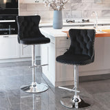 Table & Bar Stools: 4x Height Adjustable Swivel Bar Stool Velvet Studs Barstool with Footrest and Chromed Base- Black