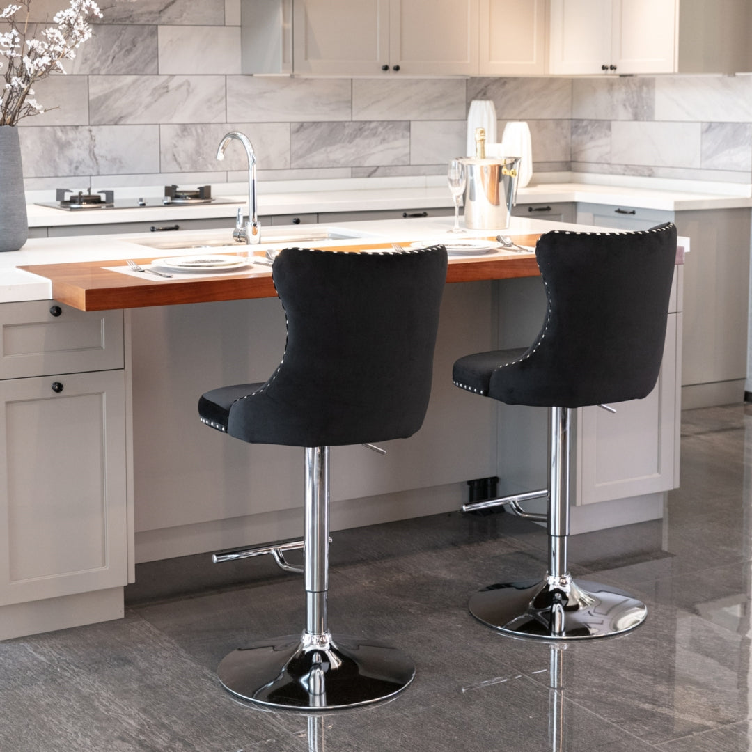 Table & Bar Stools: 4x Height Adjustable Swivel Bar Stool Velvet Studs Barstool with Footrest and Chromed Base- Black