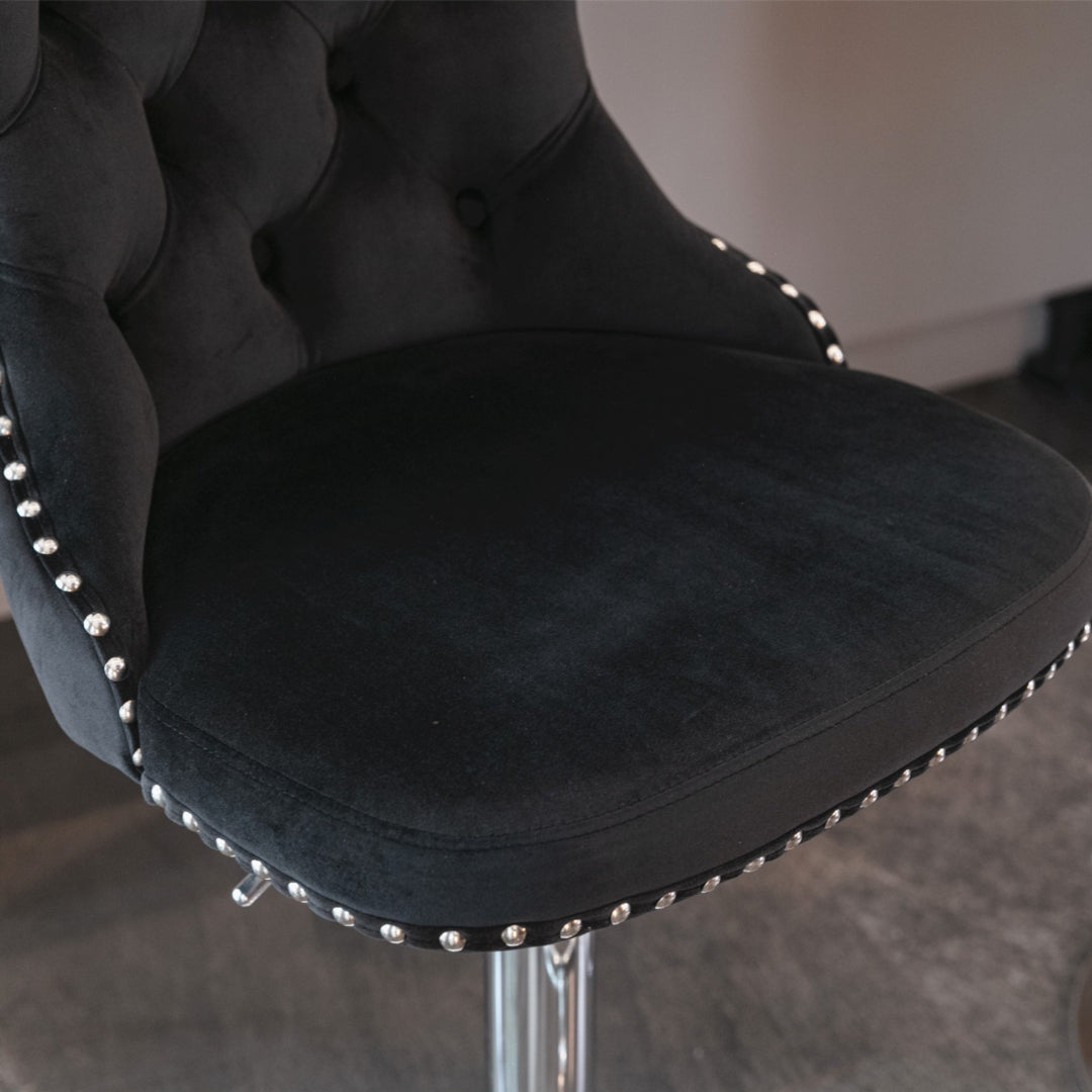 Table & Bar Stools: 4x Height Adjustable Swivel Bar Stool Velvet Studs Barstool with Footrest and Chromed Base- Black