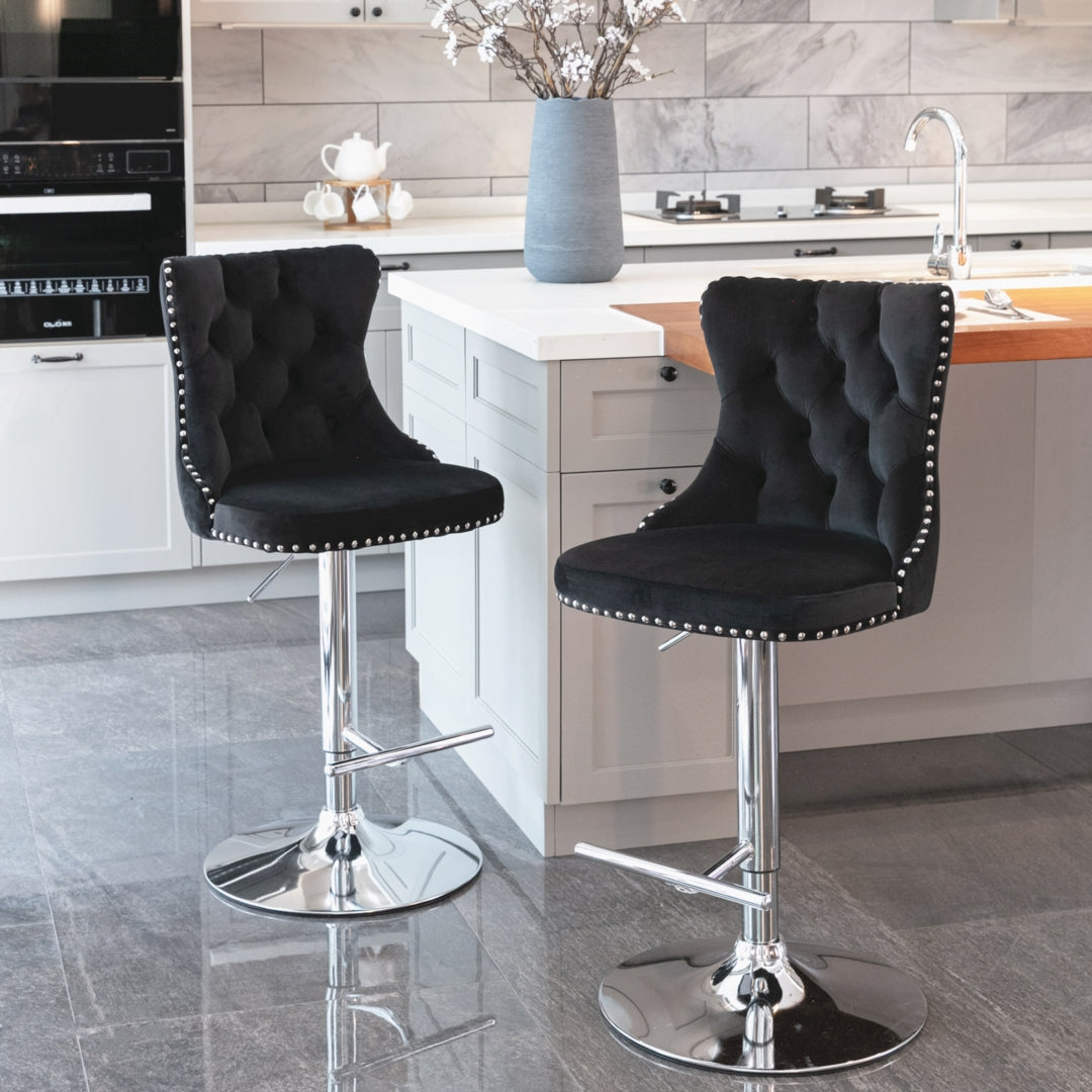 Table & Bar Stools: 2x Height Adjustable Swivel Bar Stool Velvet Studs Barstool with Footrest and Chromed Base- Black