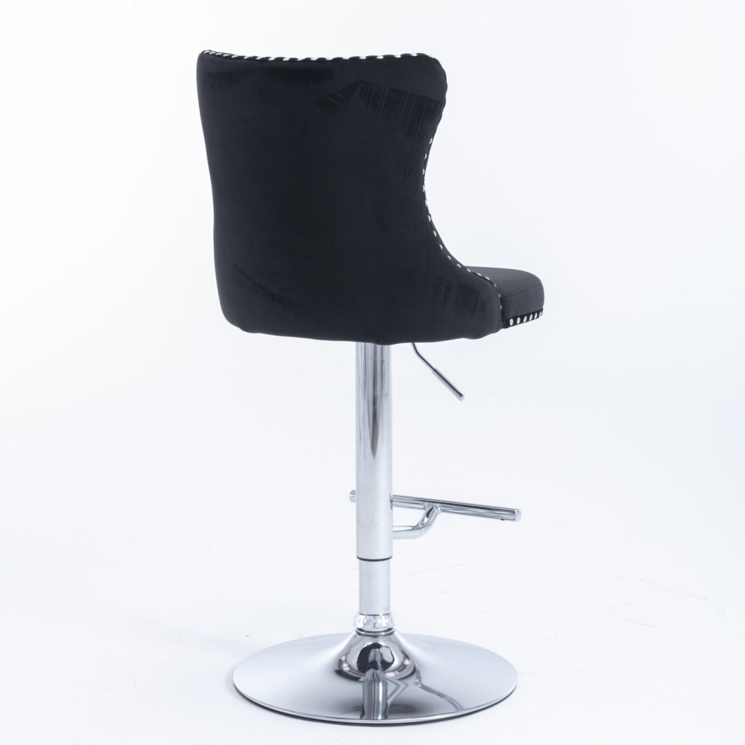 Table & Bar Stools: 2x Height Adjustable Swivel Bar Stool Velvet Studs Barstool with Footrest and Chromed Base- Black