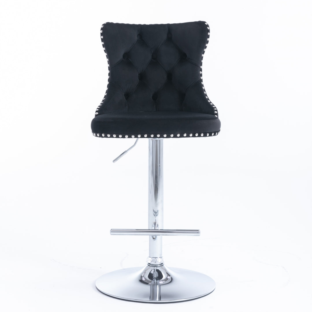 Table & Bar Stools: 2x Height Adjustable Swivel Bar Stool Velvet Studs Barstool with Footrest and Chromed Base- Black