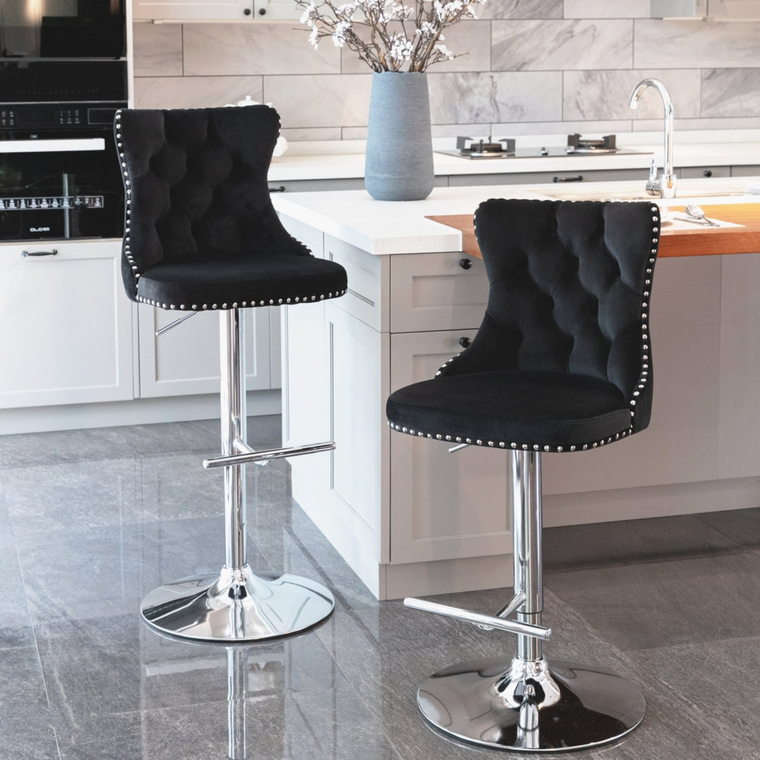 Table & Bar Stools: 2x Height Adjustable Swivel Bar Stool Velvet Studs Barstool with Footrest and Chromed Base- Black