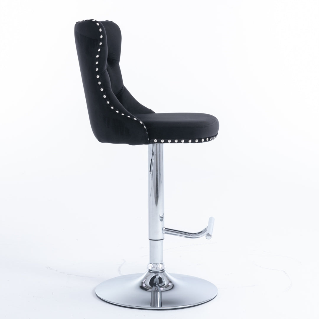 Table & Bar Stools: 2x Height Adjustable Swivel Bar Stool Velvet Studs Barstool with Footrest and Chromed Base- Black