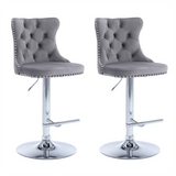 Table & Bar Stools: 4x Height Adjustable Swivel Bar Stool Velvet Stud Barstool with Footrest and Chromed Base- Gray